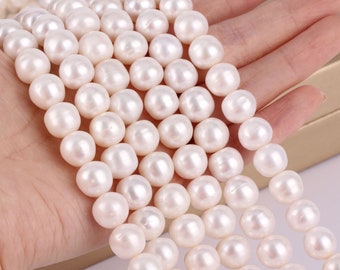 11-12mm AA Natural White Freshwater Pearl Beads, Good Lustrous Genuine Cultured Freshwater Pearls,Near Round Pearl Beads--15.5inches-BHY008
