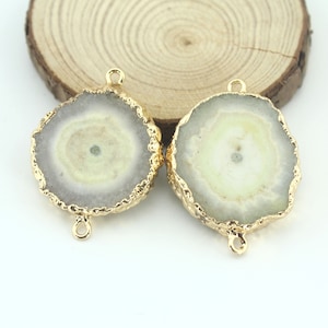 Natural Druzy Agate Slice Connectors,White Druzy Geode Slab Charms , Round Gold Plated Edged Raw  Stone Pendant Charms--TR284