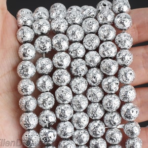 6-10mm Natural Electroplated Silver Lava Rock Volcanic Beads, Healing Energy Gemstone, Loose Beaded Strand, One Full Strand-15inches--MS0073