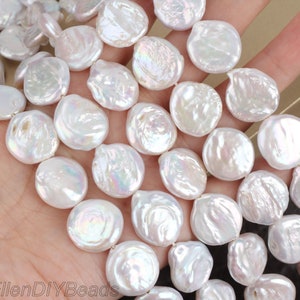 Grandes perles de 16-17 mm, perles de culture d'eau douce blanches, grosses perles plates presque rondes, bijoux de mariage à faire soi-même, fournitures de perles -15 pouces