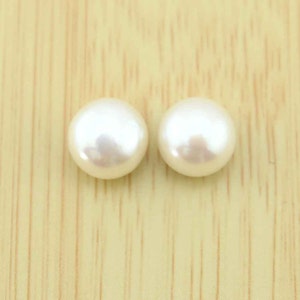 1 Pair -White Button Freshwater Pearl Beads,Loose Half Drilled Pearl,Genuine White  Pearls, Natural Pearl For DIY Jewelry Earrings  -JB036