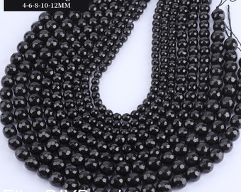 Black Faceted Agate Beads, One Full Strand Agate Beads, Round Gemstone Beads, Beading Supplies, Beads for Making Bracelet--15 inches---QM005
