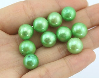 9-12mm Apple Green Round Freshwater Pearls, Smooth Loose No Hole Edison Pearl Beads, No Hole Pearls For Pendants, Wholesale Pearl Beads---6#