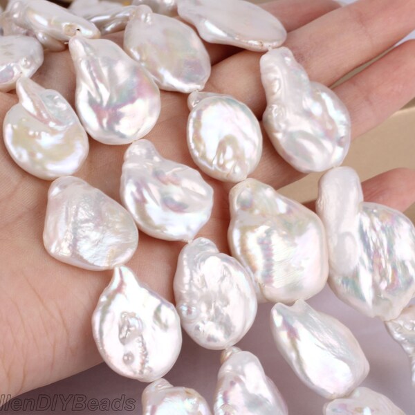 22-25mm Large White  Coin Pearls,Big size Baroque Pearls,Teardrop shape Loose Pearl Beads ,Pearl Jewelry,Full Strand-14 Pcs-15 inches-NK001