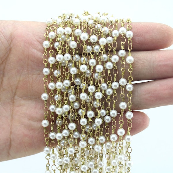 10 Feet/lot 6mm Glass Pearl Smooth Round Beaded Chains,Rosary Style Plated Gold Wire Wrapped,Jewelry Making Finding,Wire Wrapped Chain-CN013