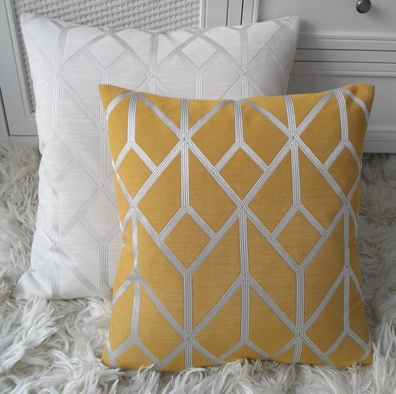 Art Deco Yellow Ochre White Double Sided Silky Metallic Sheen Abstract Geometric Cushion Cover Etsy