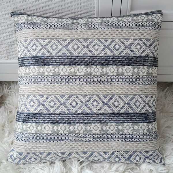 45x45cm Aztec Bohemian Geometric Woven Jacquard Cream Grey and Pale Blue Cushion Cover Last One