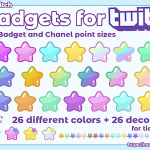 Puede incluir: Imagen de insignias en forma de estrella de varios colores para Twitch. El texto dice "Badgets for twitch" y "Emote, Badget and Chanel point sizes." Hay 26 colores diferentes y 26 decoraciones para los niveles 2 y 3.