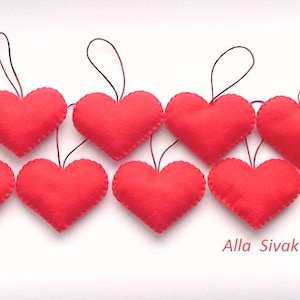Valentine&#39;s Day Decor, Red heart, Christmas Tree Ornament, Holiday Decoration, Set of 10 red heart,  Red Felt Heart,