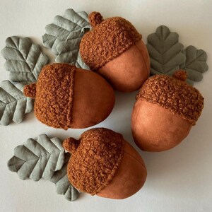 May include: Four brown felt acorns with fuzzy brown tops. The acorns are arranged on a white surface with green felt leaves.
