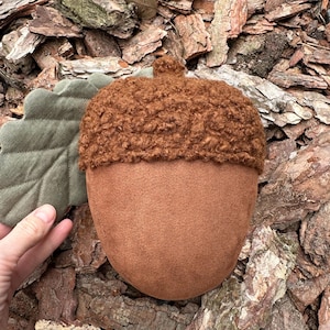 May include: A brown acorn-shaped plush toy with a fuzzy brown cap and a green felt leaf attached.