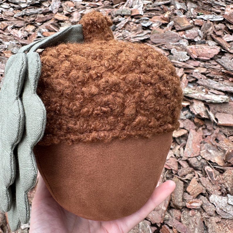 May include: A brown plush acorn with a green felt leaf attached. The acorn is made of a soft, fuzzy material and has a rounded shape.