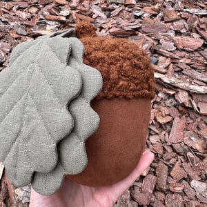 May include: A plush acorn toy with a brown felt body and a fuzzy brown cap. The acorn is attached to a green felt leaf.