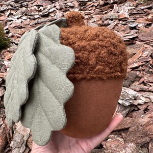 May include: A plush acorn toy with a brown fuzzy cap and a brown felt body. The acorn has a green felt leaf attached to the side.