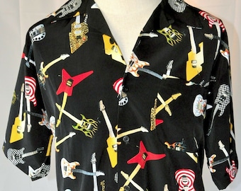 Vintage 90s Hard Rock Cafe Las Vegas Guitars L Dragonfly Camp Shirt Large Mens Axes Flying V
