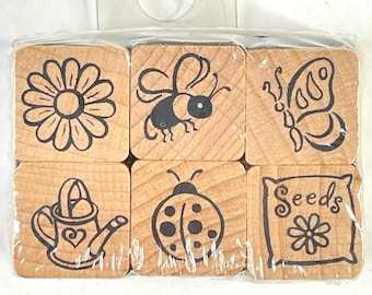 Garden Vtg Stamp Craft 6 Mini Rubber Stamp Set Spring Planting Insects #2972Q