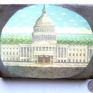 Vintage Capitol Building Washington DC Folk Art bois plaque murale découpage historique Congrès homme des cavernes décor de bureau des années 1970