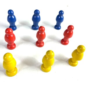 Vintage Wooden Game Tokens Pieces Movers 9 Piece Bundle Red Blue Yellow 2-Inch Crafting Project