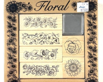 Floral Rubber Stamp Set All Night Media #2401R New 6 Unmounted Flower Border