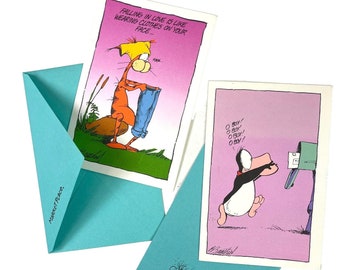 Bloom County Opus n&#39; Bill The Cat 2 Vintage Carlton Greeting Card Bundle w/Evps 1992-93 Berke Breathed