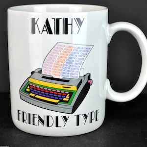 Vintage Kathy Friendly Type Typewriter Papel Coffee Mug Cup OXOX Pun Super Star Kathleen 1980s Office Secretary