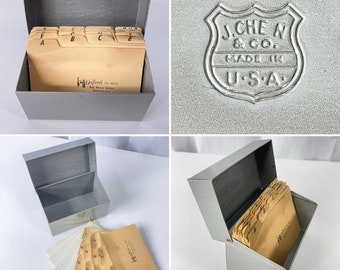 J Chen Vintage Gray Metal File Box Address Index Recipe File w/3x5 Cards USA Made