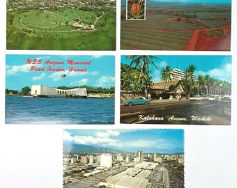 Paquete de 5 postales vintage de Hawái: Pearl Harbor, Waikiki, Ala Moana, Dole, piña, década de 1970