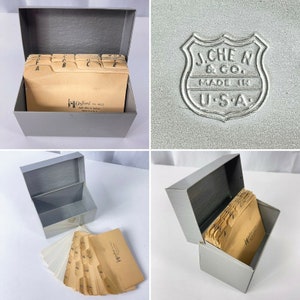 J Chen vintage grijze metalen archiefdoos adresindex receptenmap met 3 x 5 kaarten, gemaakt in de VS