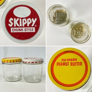 Skippy Nu-Made Peanut Butter 2 Vintage Glass Jar Bundle Chunk Style 3.5in Ball 1960s