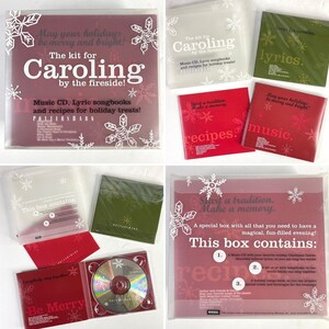 May include: A red and white box with a snowflake design and the text "The kit for Caroling by the fireside!"  Music CD, Lyric songbooks and recipes for holiday treats!"  The box contains a CD, songbooks, and recipes.  The box is part of a larger set that includes a green box with the text "lyrics" and a red box with the text "recipes music".