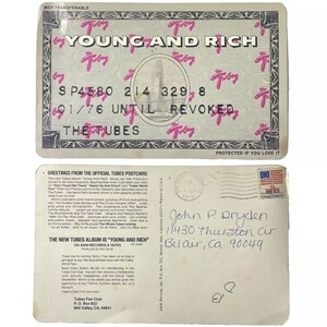 Carte postale vintage 1976 Tubes Young And Rich Promo pour le fan club - Frais d'envoi Waybil