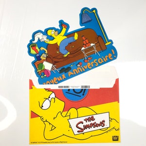 Vintage The Simpsons Homer Couch Happy Birthday 1998 Duża francuska pocztówka + koperta Bart RZADKA