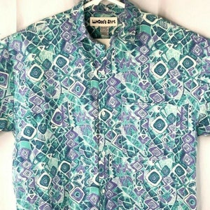 Vintage WHOoo&#39;s Oversized Button Front Shirt True 80s Abstract M/XL Medium Mens New Wave USA Made