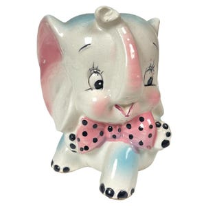 Elephant Bow Tie Cute Kitsch Mid Century Vintage Ceramic Coin Piggy Bank 6in Creepy Polka Dots NO STOPPER
