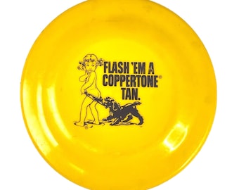 Coppertone Flash 'Em Tan Yellow Beach Vintage Flying Disc 9" Retro Beach Girl Dog Mascot FrizB
