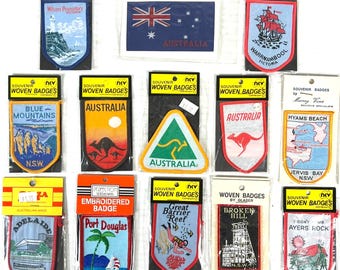 Australia 13 Vintage Woven Badge Patch Lot NSW Cairns Queensland Kangaroo Great Barrier Reef Victoria Broken Hill Port Douglas Blue Mountain