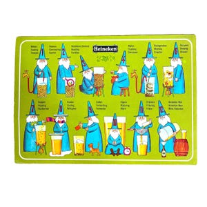 Grande carte postale promotionnelle allemande vintage de bière Heineken, assistant de brassage en 12 étapes, 3 langues, anglais autrichien