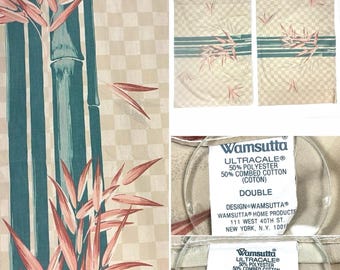 Wamsutta Ultracale Bamboo Checkered Vintage Double Bed Flat Sheet + 2 Standard Pillow Case Lot USA 80s