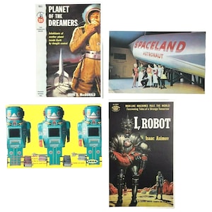 May include: A collection of vintage science fiction paperback books and a toy robot. The books include "Planet of the Dreamers" by John D. MacDonald, "I, Robot" by Isaac Asimov, and "Spaceland Astronaut". The robot is blue and silver with a yellow background.
