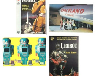 May include: A collection of vintage science fiction paperback books and a toy robot. The books include "Planet of the Dreamers" by John D. MacDonald, "I, Robot" by Isaac Asimov, and "Spaceland Astronaut". The robot is blue and silver with a yellow background.