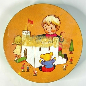 Vintage Mabel Lucie Attwell Biscuit Tin Child Castle Huntley Palmers ToyTime 5&quot; England