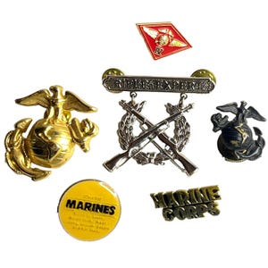 USMC US Marine Corps Vintage 6 Pc Pin Badge Lot Rifle Expert 4th Air Wing Collar Globe Uniform