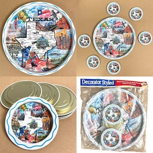 Texas Souvenir Vintage Zinn Litho Serviertablett 6 Untersetzer Set Decorator Styled USA NOS Wandtafel Zustand Karte