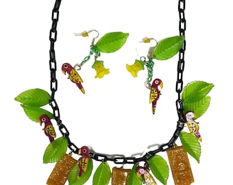 Tropical Tiki Parrot Bird Plastic Chain Necklace + Earrings Leaves Flowers Kitsch Boho Fun