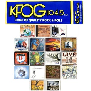 May include: A collection of KFOG 104.5 FM radio station CDs, featuring various "Live From The Archives" recordings. The CDs have colorful cover art with images of guitars, cityscapes, and musical notes. The top banner reads "KFOG 104.5 FM Home of Quality Rock & Roll."