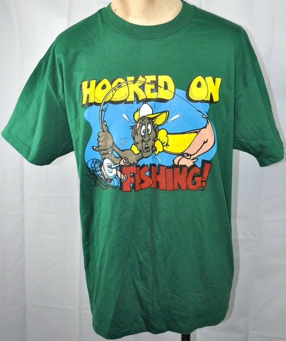 Vintage Dads Fishing Shirt Hooked on Novelty T-shirt XL Fathers
