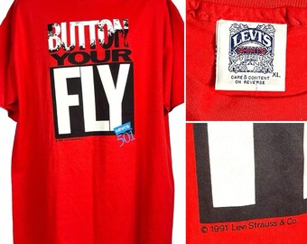 Levis 501 Button Your Fly Vintage 1991 Red T-shirt Size XL Mens