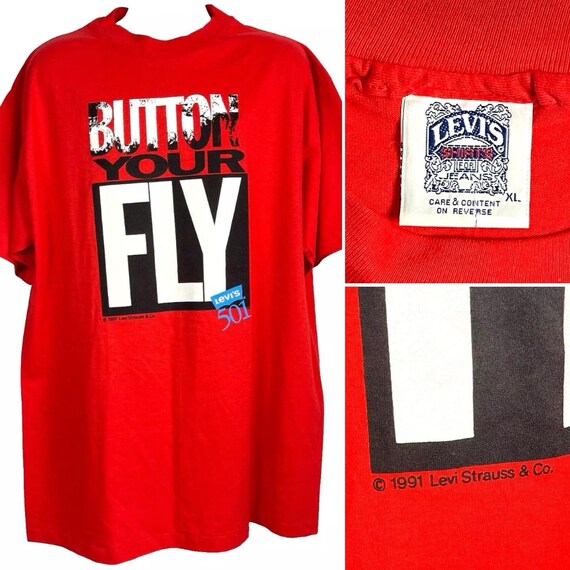 Levis 501 Button Your Fly Vintage 1991 Red T-shirt Size XL Mens