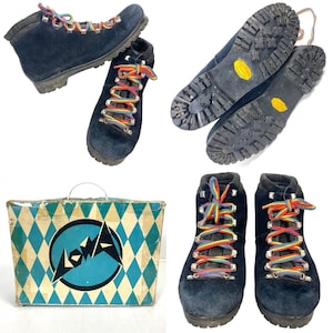 LOWA Goll Womens 80s Vintage Blue Suede Hiking Mountaineering Boots International size 7 aprx 10&quot; Germany Vibram Soles Italy w/Box Rainbow
