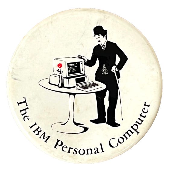 IBM Personal Charlie Chaplin Computer Vtg Button Promo Little Tramp 1980s